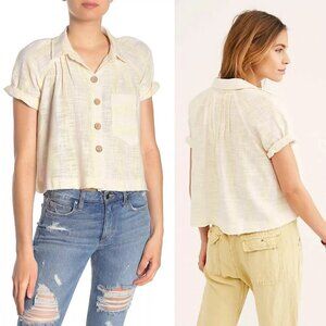 Free People We the Free Away at Sea Top Cotton Linen Button Cropped Raw Hem S